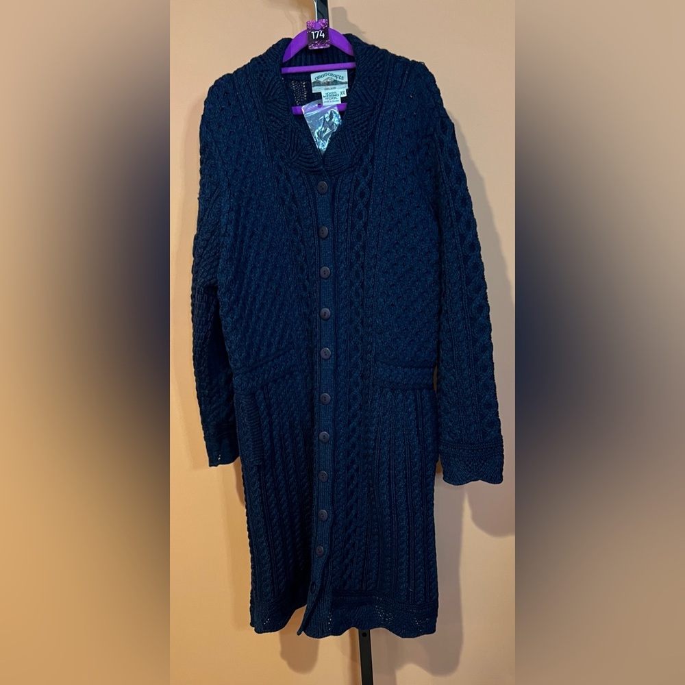 Aran Crafts Deep Blue Merino Wool Cardigan - Picture 2 of 3